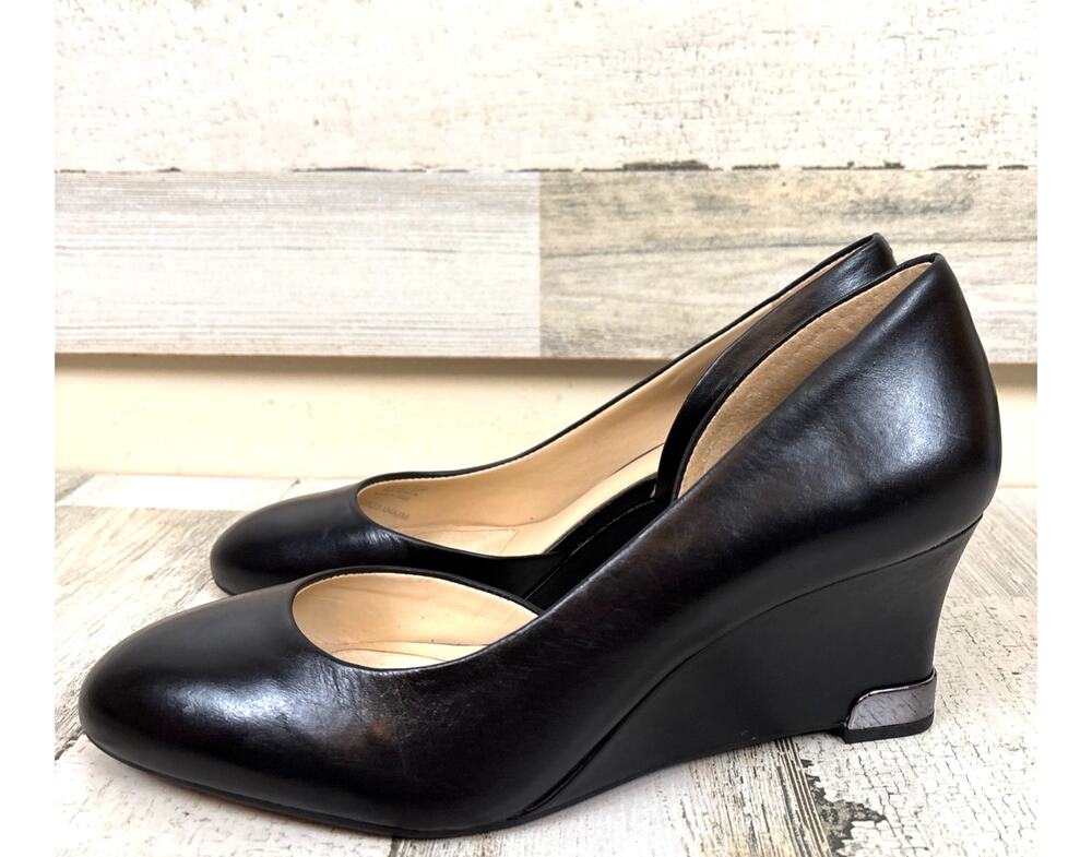 Alex Marie 9 Black Leather Wedge Heels Career Chic NEW